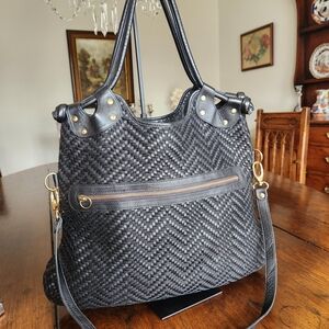Pietro Alessandro Black Woven Leather Crossbody Bag Purse Chevron Luxe Boho EUC